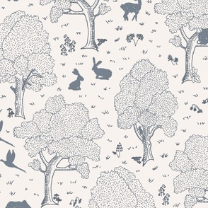 European forest with woodland animals, wildflowers, polka dots in soft blue on off white - subtle rustic whimsical line art gender neutral pattern with hidden roe deer fawn, doe and buck, wild boar, rabbit, squirrel, owl, fox, pheasant, woodpecker