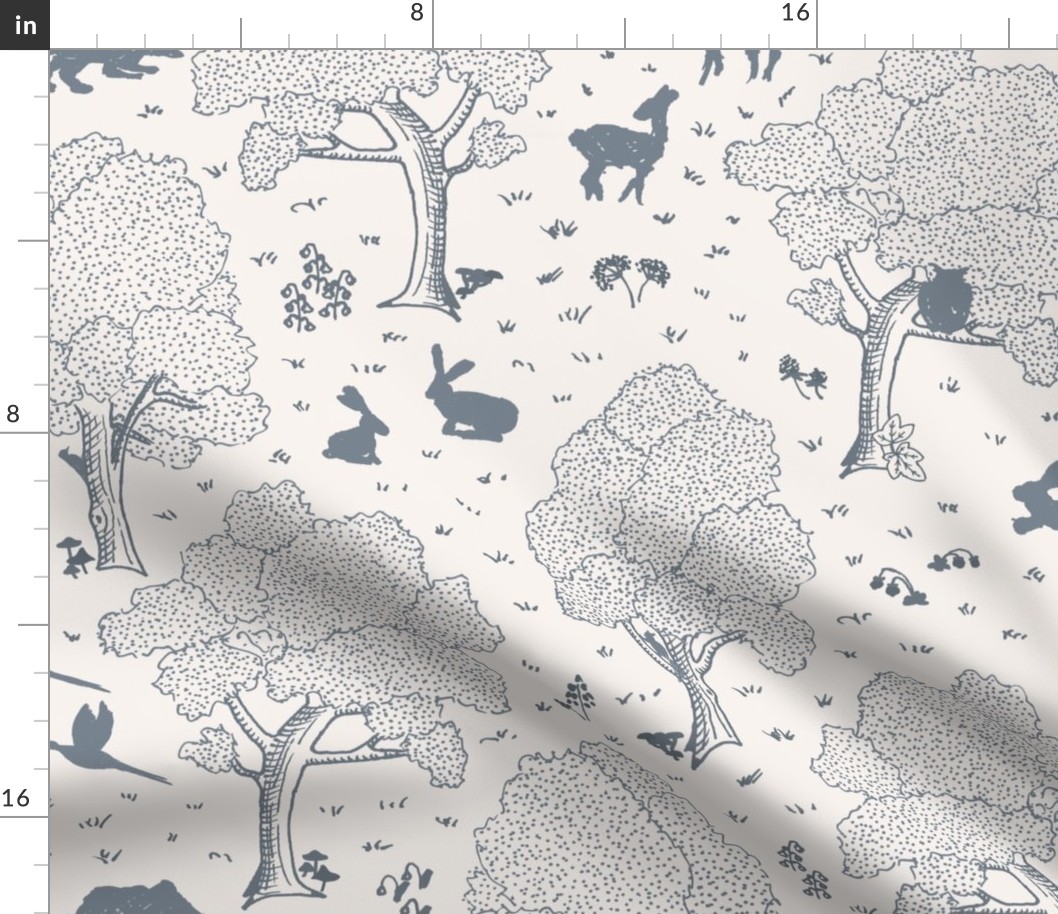 European forest with woodland animals in soft blue on white - subtle rustic pattern with hidden flora and fauna - roe deer fawn, doe and buck, wild boar, rabbit, squirrel, owl, fox, pheasant, woodpecker