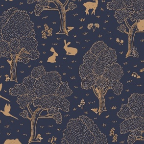 European forest with woodland animals, wildflowers, polka dots in gold on soft dark blue - subtle rustic whimsical line art gender neutral pattern with hidden roe deer fawn, doe and buck, wild boar, rabbit, squirrel, owl, fox, pheasant, woodpecker