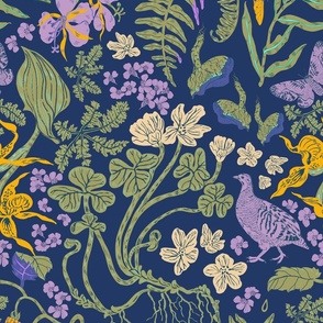 Forest Green Plants / Yellow Flowers and Partridge on Blue