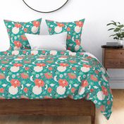 Coral red, white and teal green vintage chintz floral pattern
