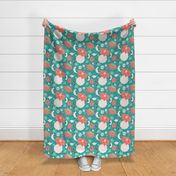 Coral red, white and teal green vintage chintz floral pattern