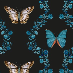 Butterfly garden teal blue watercolor on black - large scale