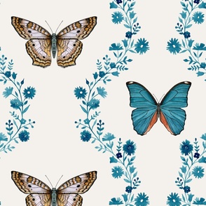 Butterfly garden teal blue watercolor on white - large scale
