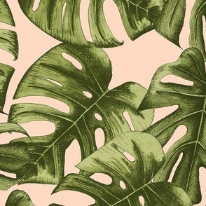 Monstera leaves watercolor on peach - large scale
