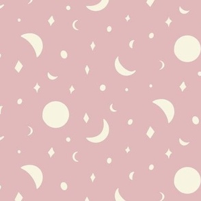 Folk style moons and stars night sky in dusty pink