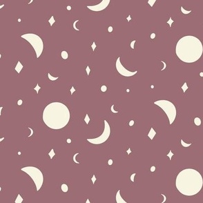Folk style moons and stars night sky in rose brown
