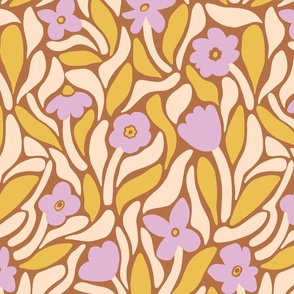Bold modern flowers with abstract leaf shapes in light purple and mustard yellow - Large scale
