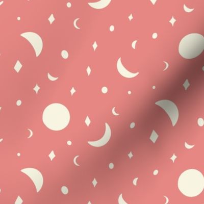 Folk style moons and stars night sky in coral red