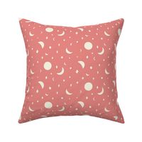 Folk style moons and stars night sky in coral red