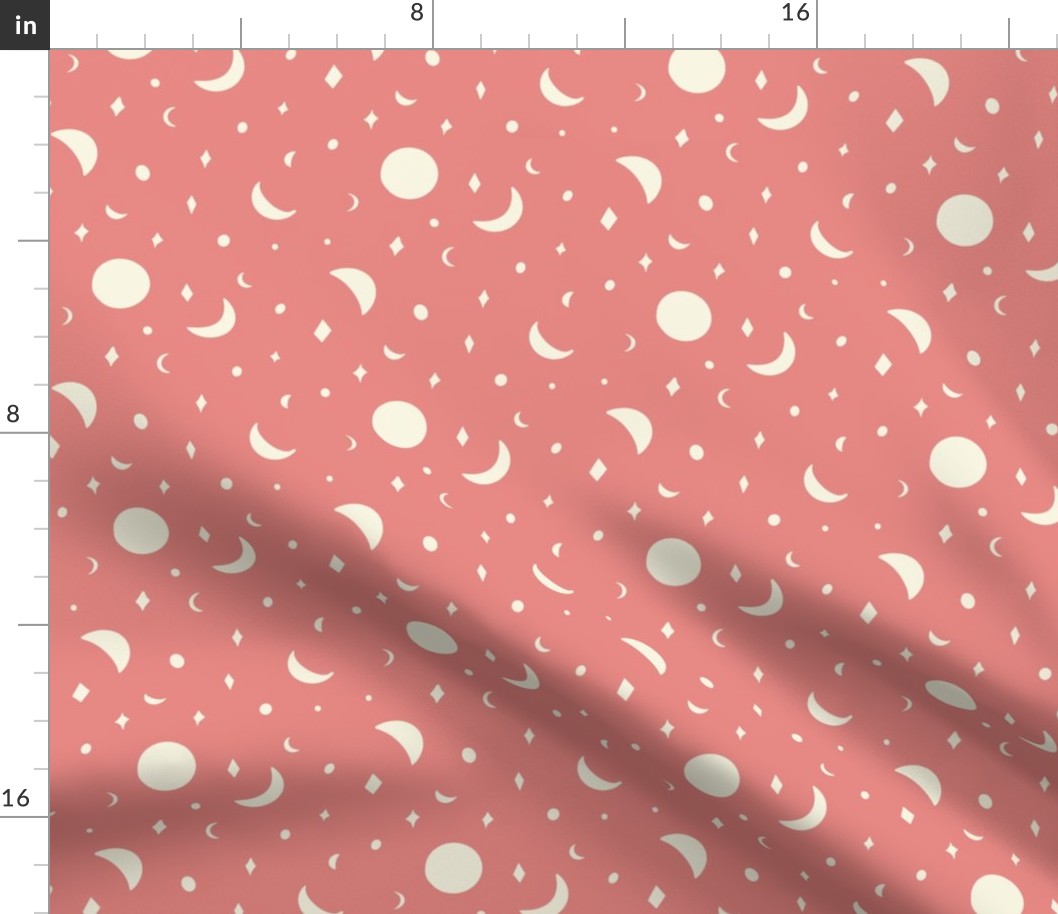 Folk style moons and stars night sky in coral red