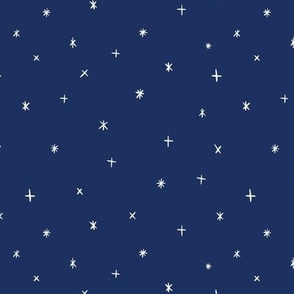 Small scale folk art style stars in the night sky in navy blue