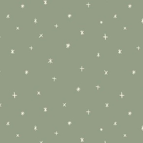 Small scale folk art style stars in the night sky in sage green