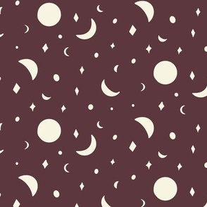 Folk style moons and stars night sky in purple brown