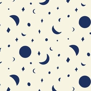 Folk style moons and stars night sky in cream and navy blue