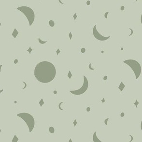 Folk style moons and stars night sky in pastel green and sage green