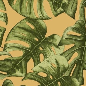 Monstera leaves watercolor on yellow ochre - large scale