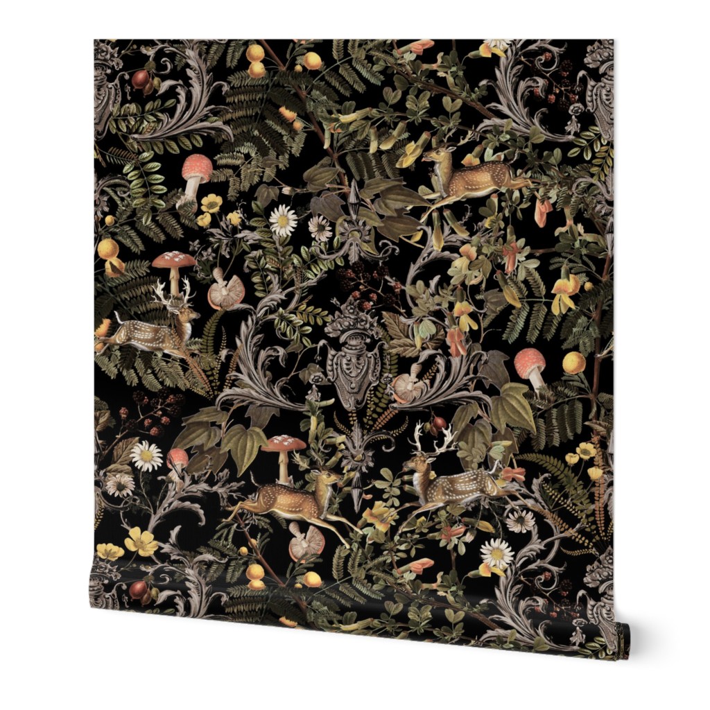 Victorian dark academia gothic halloween aesthetic Fairytale, goth forest wild animals, ornaments and mushrooms in autumn woodland -  dark  wallaper