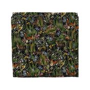 Victorian dark academia gothic halloween aesthetic Fairytale, goth forest wild animals, art deco pattern with ferns leaves mushrooms in autumn woodland -  black green wallaper