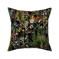 Victorian dark academia gothic halloween aesthetic Fairytale, goth forest wild animals, art deco pattern with ferns leaves mushrooms in autumn woodland -  black green wallaper