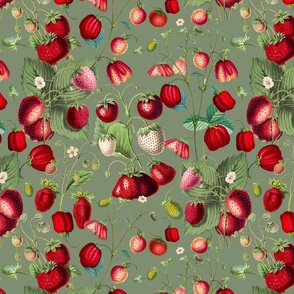 Historical Watercolor Strawberry Flower Meadow- Nostalgic Strawberries Spring Garden  sage green