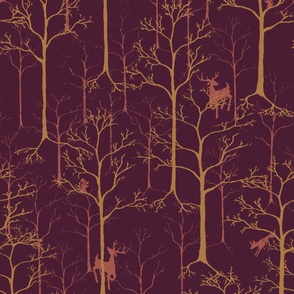 Rustic woods with hidden forest animals in plum, russet, and ochre (Large)_B24007R03A
