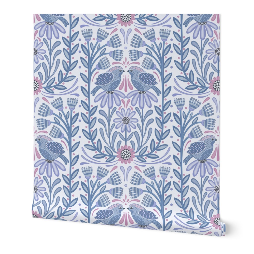 Sweet Birds in a Floral Paradise dark // normal scale 0045 I // Blue Pink Purple Fabric