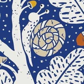 (L) Oak forest with mushrooms, snails and ants - Forest Biome cobalt blue, orange, yellow