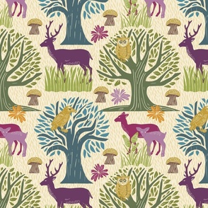 Whimsical Forest on Cream - 12-inch repeat