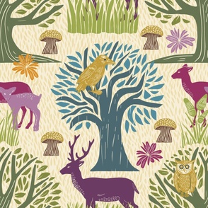 Whimsical Forest on Cream - 24-inch repeat