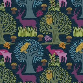 Whimsical Forest on Dark Blue - 12-inch repeat