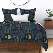 Fall Forest - Day and Night on Dark Blue, 24-inch repeat