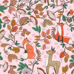 WOODLAND ANIMALS IN AUTUMNAL FOREST PINK