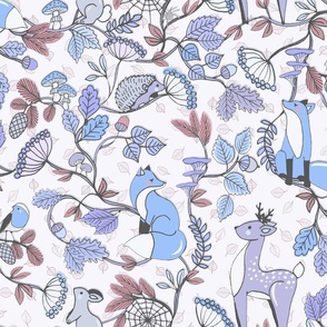 WOODLAND ANIMALS IN AUTUMNAL FOREST TONAL BLUE LILAC