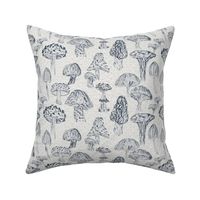 Field of wild mushrooms in dark blue pencil on off white and light green texture