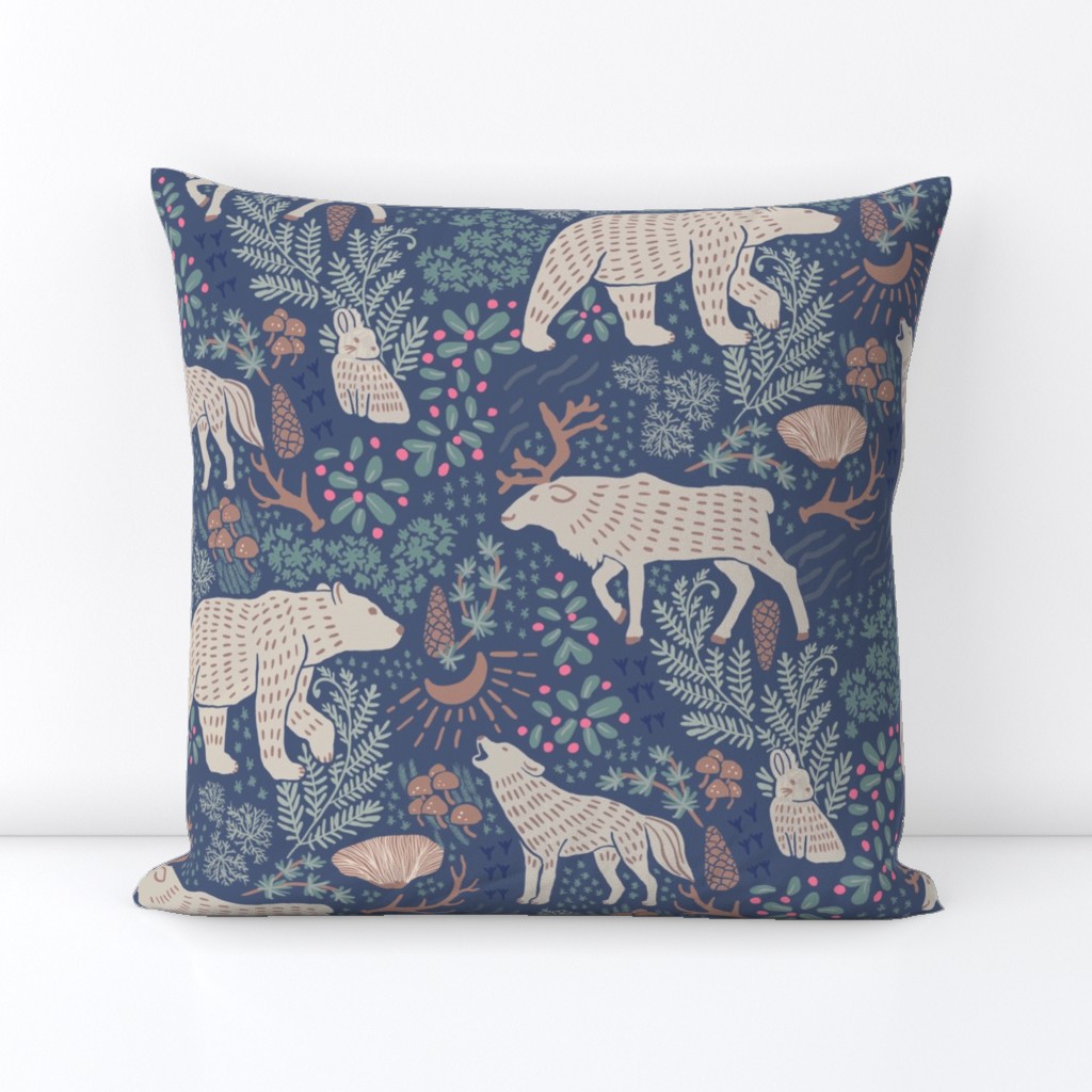 [large] Night in the Taiga Boreal Forest - Woodland Animals and Plants - Muted Midnight Navy Blue