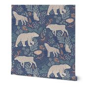 [large] Night in the Taiga Boreal Forest - Woodland Animals and Plants - Muted Midnight Navy Blue