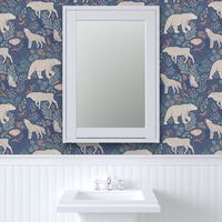 [large] Night in the Taiga Boreal Forest - Woodland Animals and Plants - Muted Midnight Navy Blue