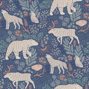 [large] Night in the Taiga Boreal Forest - Woodland Animals and Plants - Muted Midnight Navy Blue