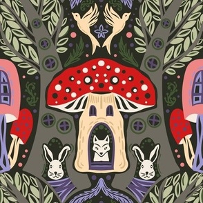Whimsical Forest Biome. Fly agaric mushroom, hare, fox, birds and trees - MEDIUM scale