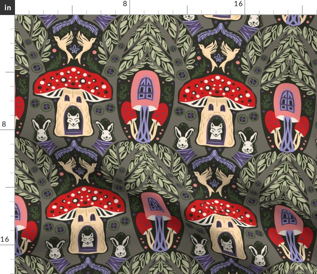 Whimsical Forest Biome. Fly agaric mushroom, hare, fox, birds and trees - MEDIUM scale