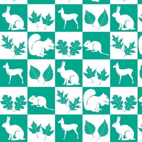 New England Forest Leaves and Animals in a Block Design of Green and White