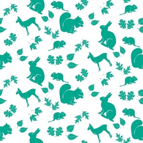 New England Forest Animals and Leaves Tossed Design Green and White