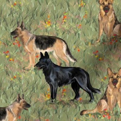 3 German Shepherd Dogs in Wildflower Field