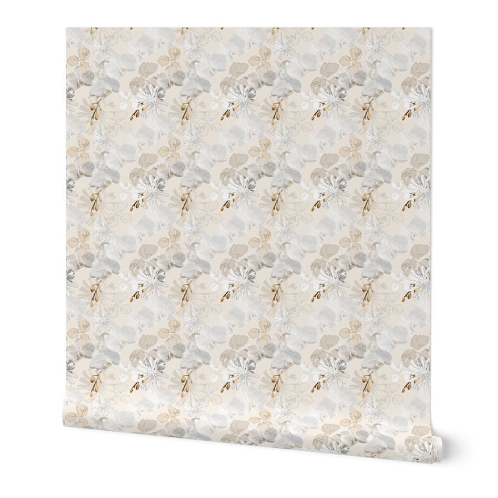 White orchids on a cream background.