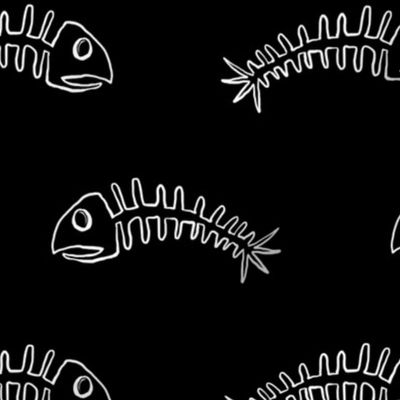 Small Alternating White Edged Fish Bone Skeletons on Black