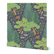 Temperate Mixed Forest Biome - Woodland Fauna and Flora on Muted Dark Blue