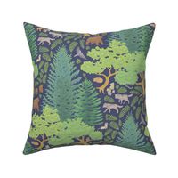 Temperate Mixed Forest Biome - Woodland Fauna and Flora on Muted Dark Blue