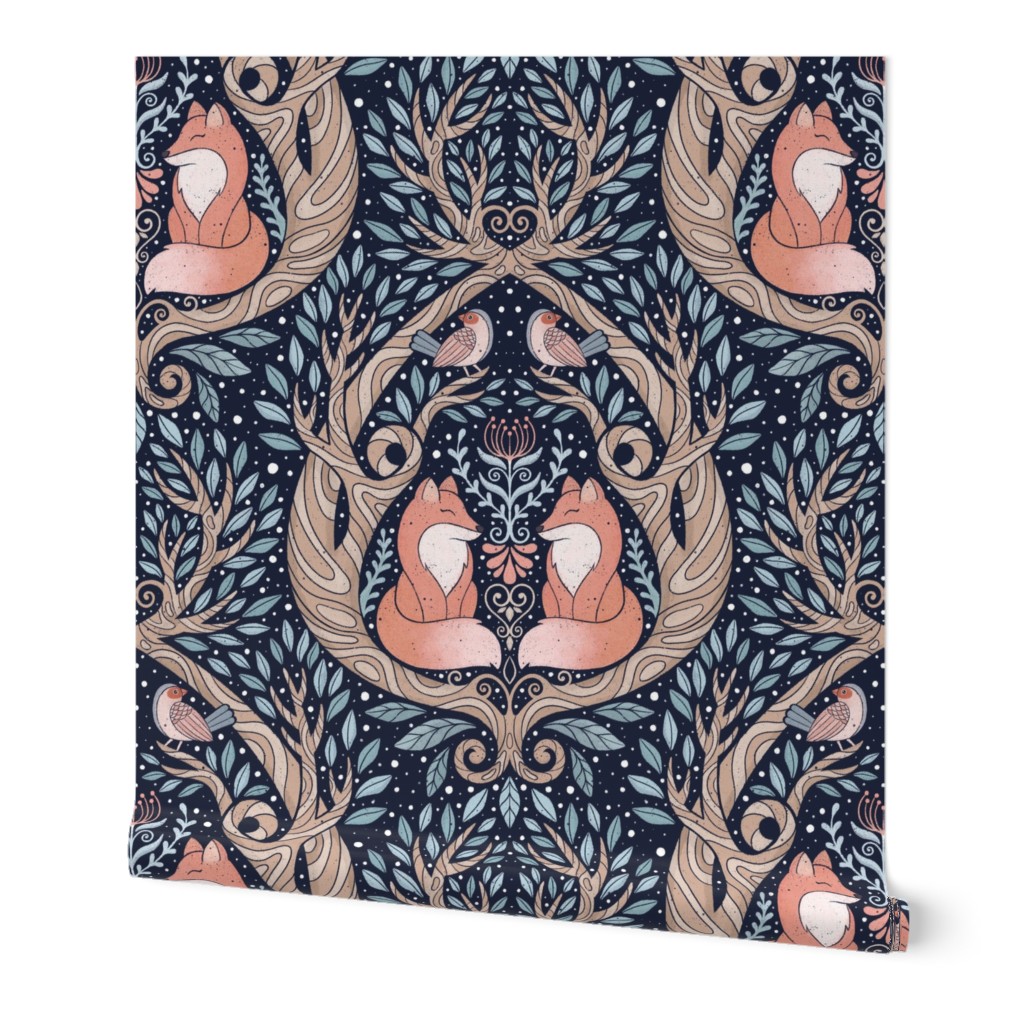 Whimsical forest blue , brown and orange - fox - birds - wallpaper - home decor - bedding - curtains - damask - watercolor - animals 