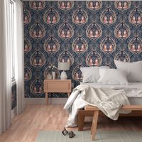 Whimsical forest blue , brown and orange - fox - birds - wallpaper - home decor - bedding - curtains - damask - watercolor - animals 